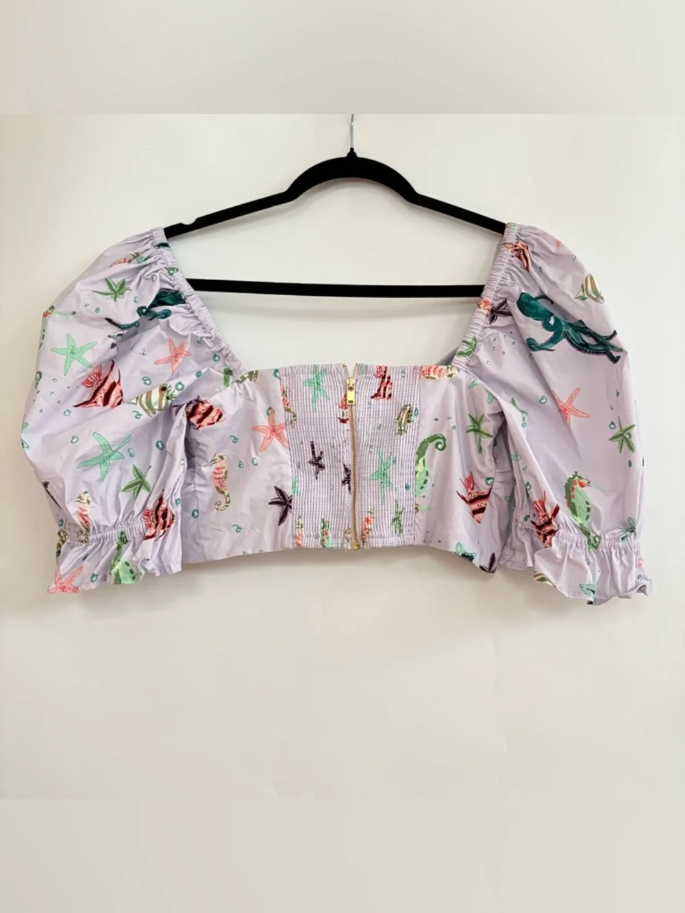 Hill House Isabella Crop Top Sea Creatures Lilac Puff Sleeve Tie Front Size S - Picture 5 of 7
